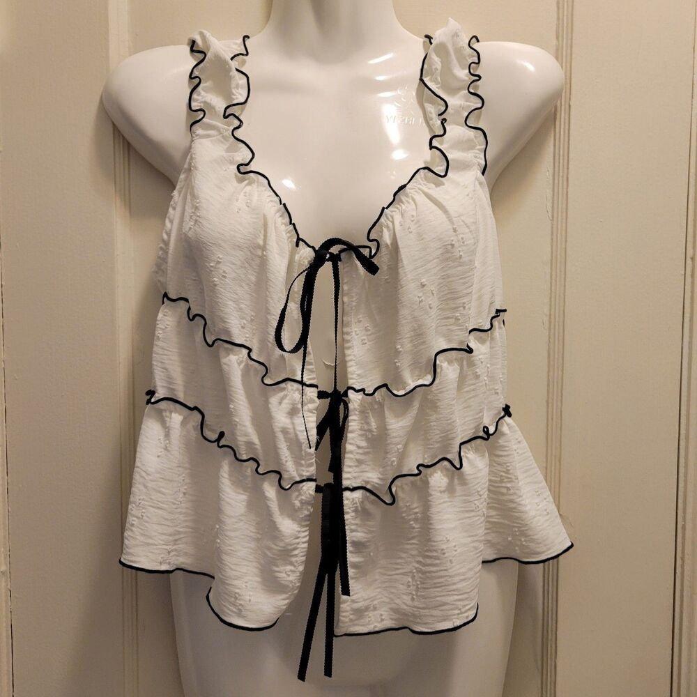 Kirious White and Black Coquette Ribbon Tie Front Ruffle Tank Top Cropped Size M
